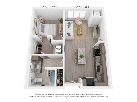 Floor plan for 1 bed, 1 bath, 658 sqft